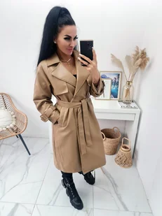 DŁUGI WIOSENNY PŁASZCZ MATRIX Z EKOSKÓRY Z PASKIEM - CAMEL - MODA ITALIA - Płaszcze damskie - miniaturka - grafika 1