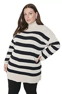 Swetry damskie - Trendyol Damska bluza z golfem w paski, regularny sweter plus size, BEŻOWY, XL duże rozmiary - grafika 1