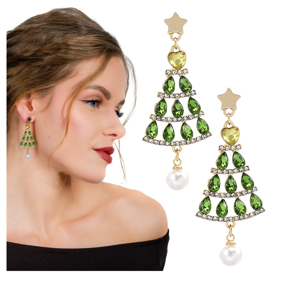 Kolczyki Długie Wiszące Zielone Choinki Złote z Cyrkoniami Świąteczne