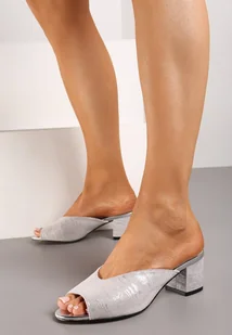 Szare Brokatowe Klasyczne Klapki na Obcasie ze Skórzaną Wkładką Yuremia - Klapki i japonki damskie - miniaturka - grafika 1