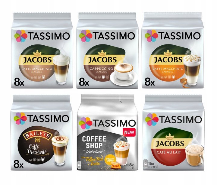 Kapsułki Tassimo Jacobs Latte Macchiato, kawy mleczne, 5+1 Gratis!