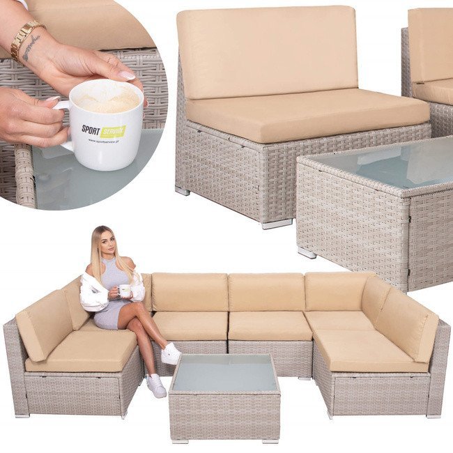 Springos Meble ogrodowe zestaw modułowy technorattan stolik kawowy i 6 modułów beżowy UNIWERSALNY