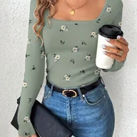 Bluzki damskie - TEMU Youduomi Damska Koszulka z Długim Rękawem - Kwiatowy Print, Luźny Fason, Miękkie i Oddychające Materiał, Pranie Ręczne, Uniwersalna Bluzka na - miniaturka - grafika 1