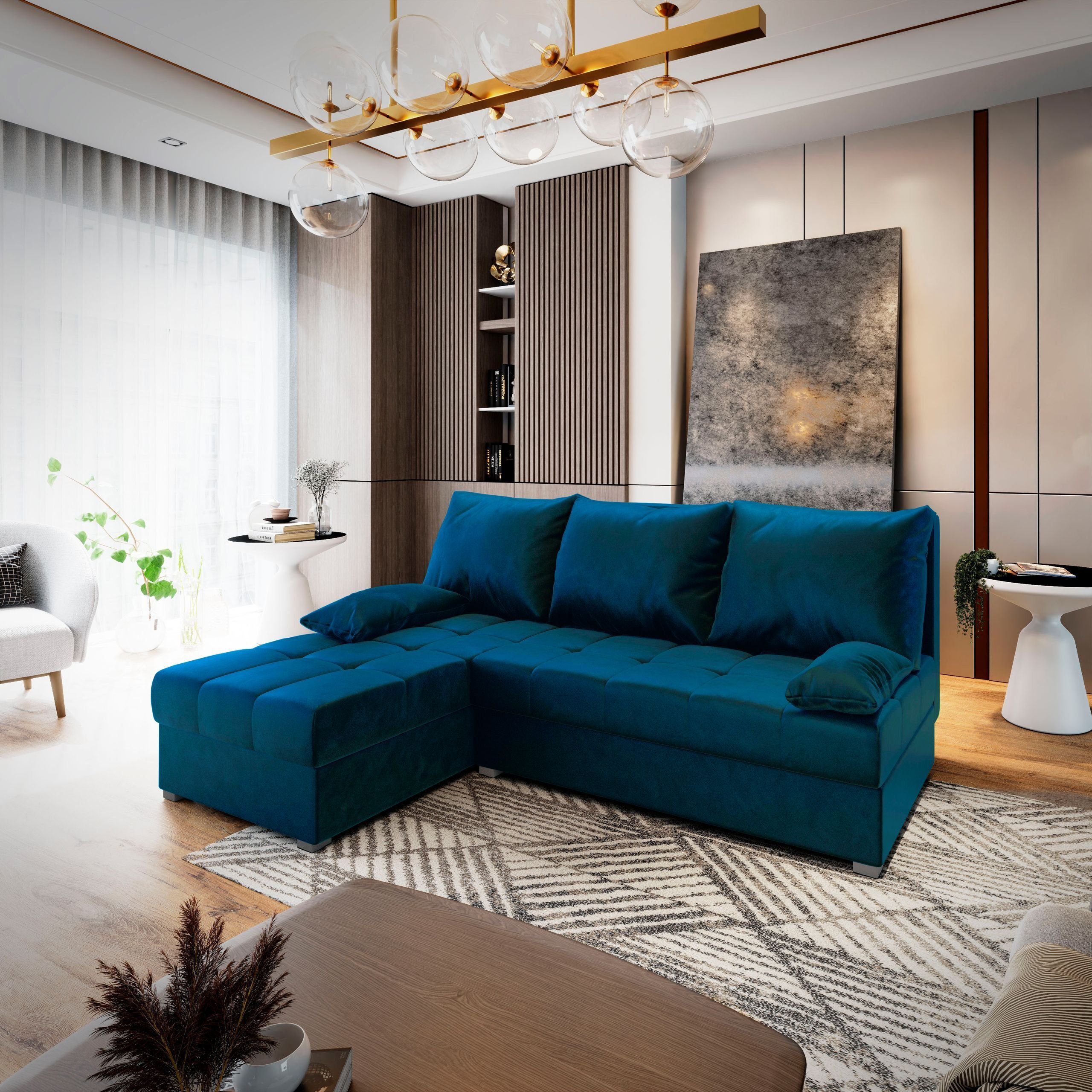 Masseno Narożnik RITA z funkcją spania i pojemnikiem na pościel Kształt L, Rozkładana sofa, Rogówka - Niebieski, KRONOS 09