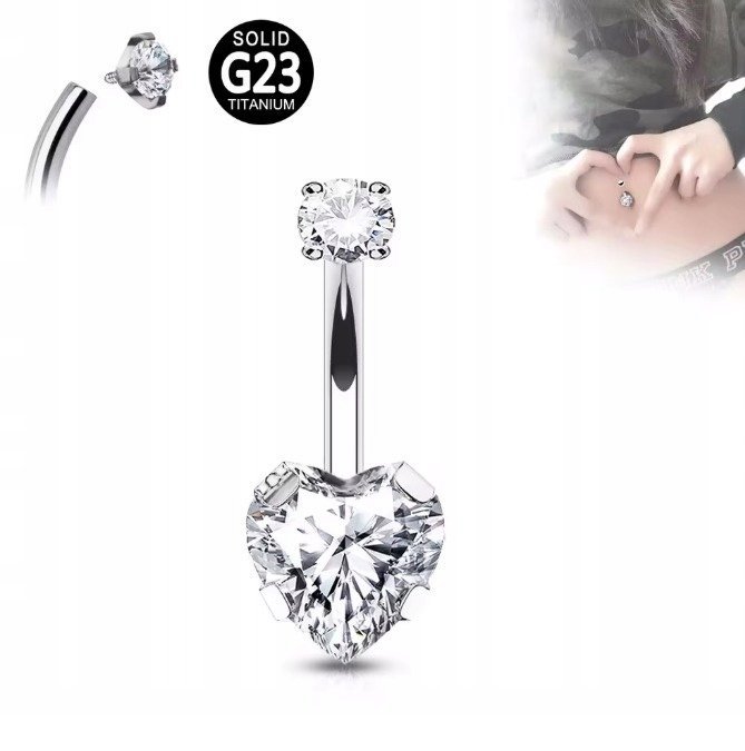 Tytanowy Kolczyk do Pępka z Serduszkiem Cyrkonie PIERCING 1,6/10/8+5