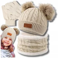 Czapki dla dzieci - Komplet Czapka Dziecięca rękawiczki Zima komin dziecięcy prążek zestaw Beż - miniaturka - grafika 1