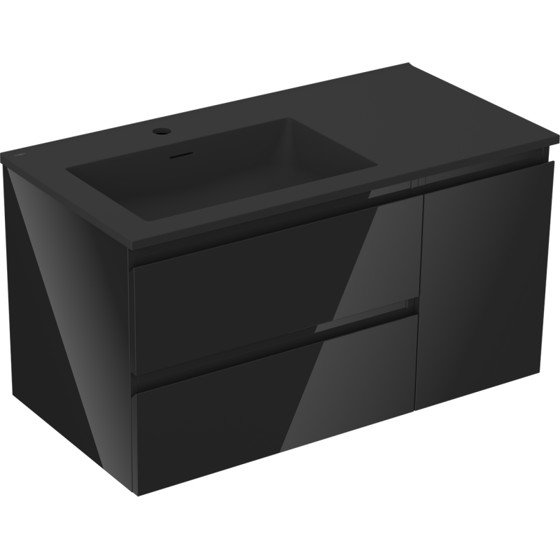 Mexen Orio szafka łazienkowa 90 cm z umywalką Otis lewą, 2S, 1D, czarna połysk/czarna mat - 91A13-09047-3-BBFFF70-W18L71