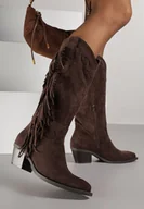 Kozaki damskie - Ciemnobrązowe Kozaki Typu Kowbojki na Stożkowym Obcasie z Frędzlami Reissana - miniaturka - grafika 1
