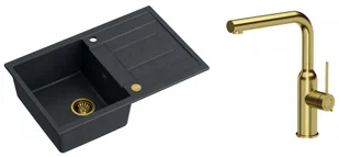 Quadron Zlewozmywak granitowy jednokomorowy 78*50*22 cm z ociekaczem MORGAN 111 BLACK DIAMOND ze złotym odpływem z baterią ANGELINA Q LINE z wyciąganą wylewką kolor złoty - Zlewozmywaki z baterią - miniaturka - grafika 1