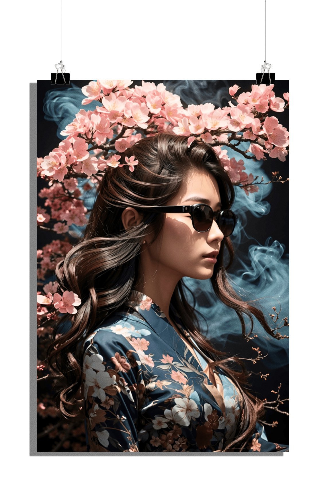 Plakat Kobieta - Plakat Orientalny - Plakat Okulary Słoneczne - Stylowy Plakat - Plakat Kwiaty - 61x91cm - Idealny do oprawienia w ramę