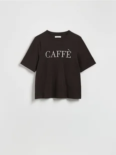 Reserved - T-shirt z haftowanym napisem - ciemnobrązowy - Koszulki i topy damskie - miniaturka - grafika 1