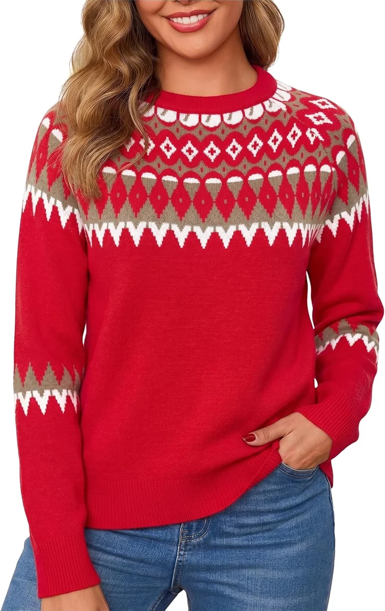 SWETER DAMSKI WZÓR FAIR ISLE DŁUGI RĘKAW ŚWIĄTECZNY OKRĄGŁY DEKOLT