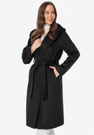 Płaszcze damskie - Damski płaszcz dwurzędowy z wełną czarny - miniaturka - grafika 1