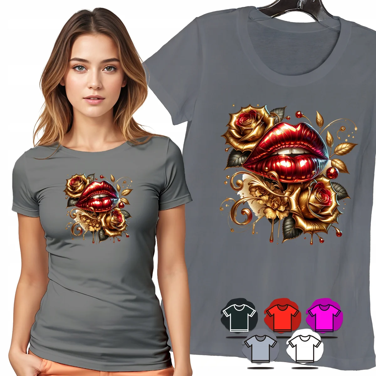 KOSZULKA DAMSKA T-SHIRT - ZŁOTE USTA RÓŻE ELEGANCKI DAMSKI WZÓR MODA - XL