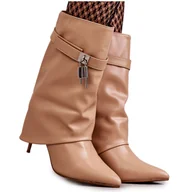 Kozaki damskie - Skórzane Wsuwane Kozaki Na Szpilce Beżowe Steffi beżowy - Inna marka - miniaturka - grafika 1