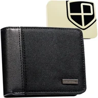 Portfele - Nowoczesny modny portfel męski ze skóry ekologicznej i poliestru PETERSON czarny mały do kieszeni poziomy bez zapięcia slim pudełko prezentowe ochro.. - miniaturka - grafika 1