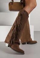 Kozaki damskie - Brązowe Kozaki Kowbojki na Stożku z Cholewką Imitującą Nogawkę z Frędzlami Monettea - miniaturka - grafika 1