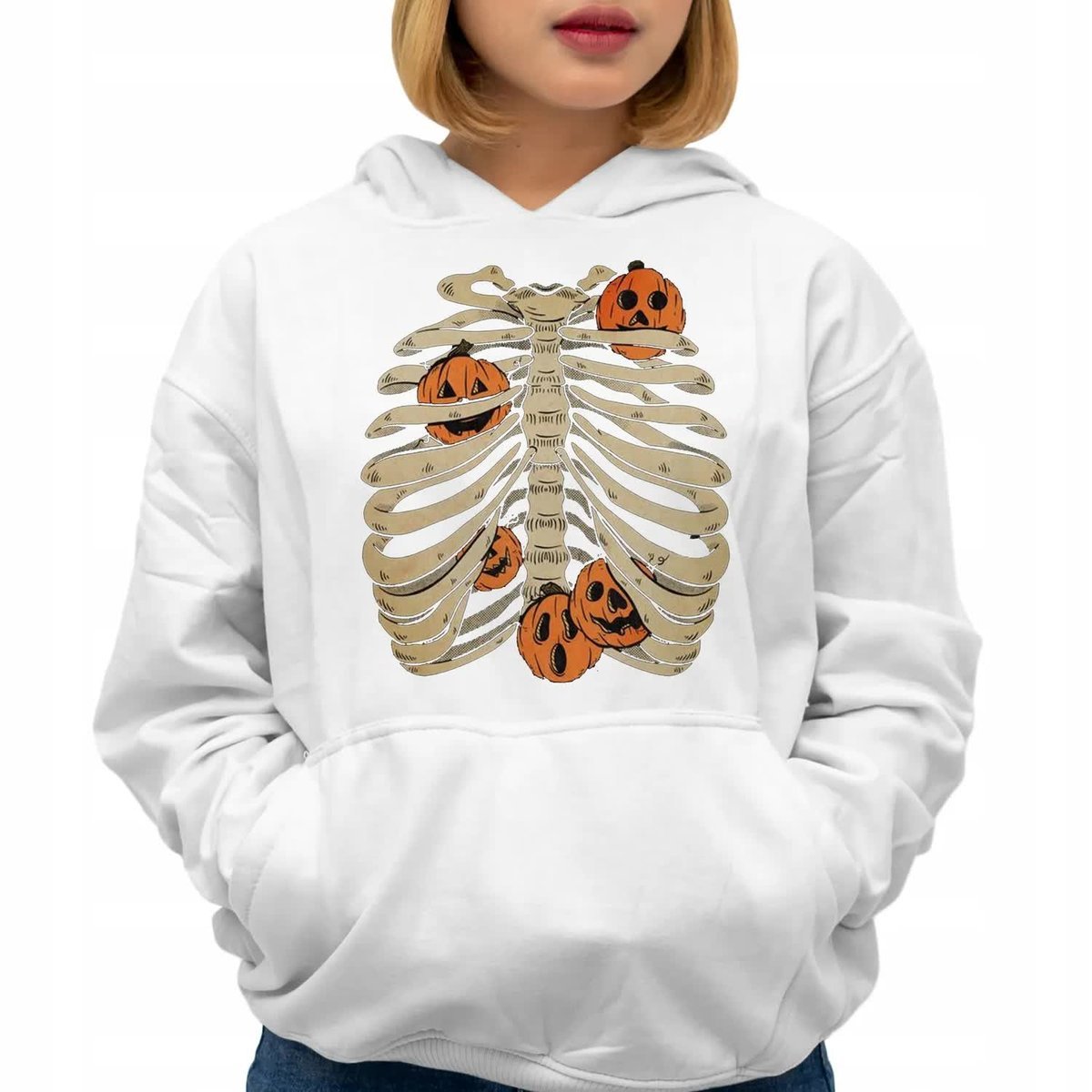 Damska Bluza Biała Z Kapturem PUMPKIN SKELETON Dla JESIENIARY Wz Rozmiar S