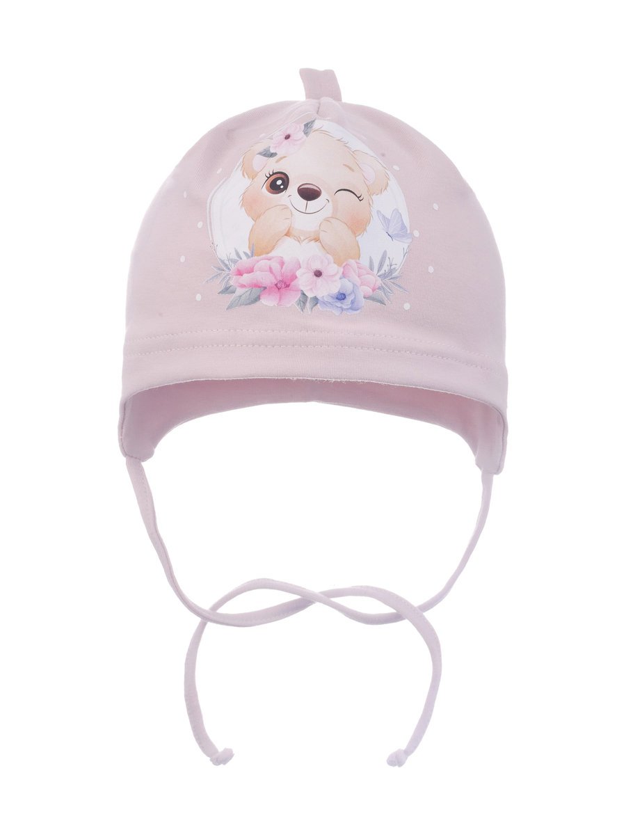 Dziewczęca czapka uszatka misiu w kwiatach jasnoróżowa Ambra r.36/38