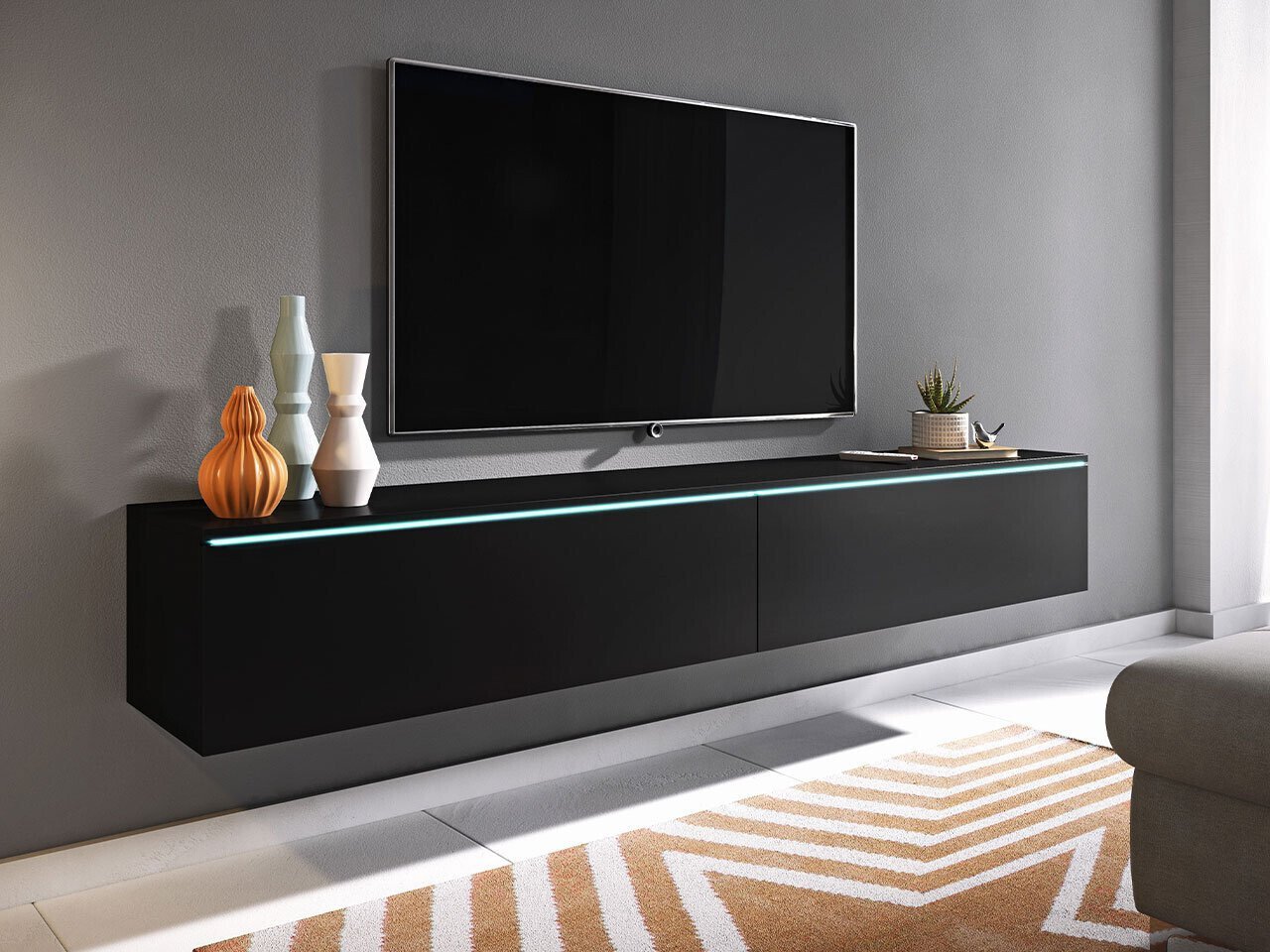 Szafka pod telewizor z białym oświetleniem LED 180 cm WILLA D – czarna
