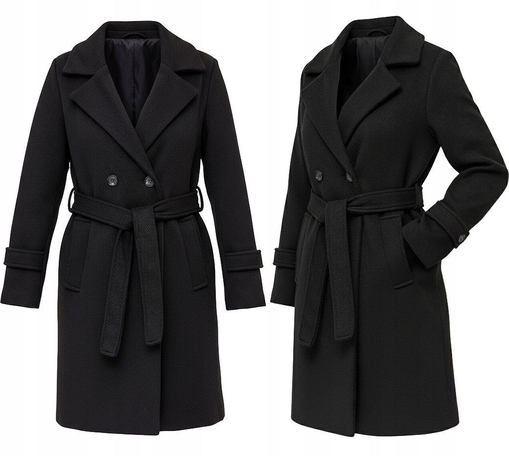 PRĄŻKOWANY PŁASZCZ Z PASKIEM PRZEJŚCIOWY WIOSENNY DAMSKI 4XL CZARNY