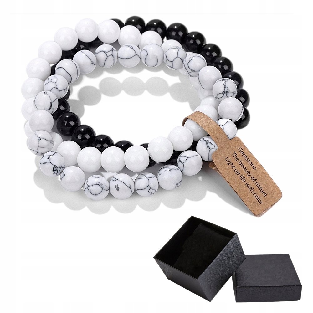 Zestaw 3 Bransoletki 8 mm Kamień Biały Howlit Porcelana Czarny Onyks