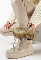 Śniegowce damskie - Ciemnobeżowe Śniegowce na Grubej Podeszwie z Futerkiem i Napisem Vallora - miniaturka - grafika 1