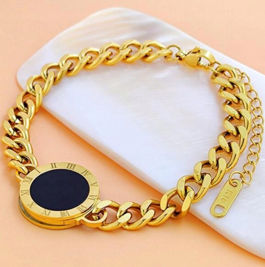 Złota Bransoletka Rzymskie Liczby z Kamieniem Pierścień Szlachetna