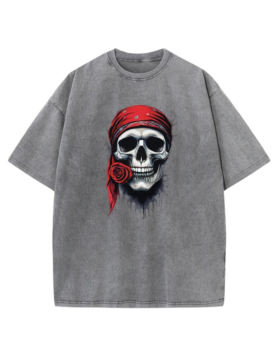 Koszulka oversize efekt sprania Piracka Czaszka Kwiat szary XXL