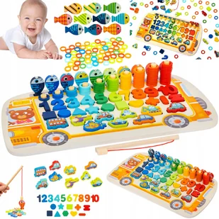 MONTESSORI UKŁADANKA DREWNIANA ZABAWKA SORTER 6w1 nauka kolorów cyfr - Zabawki sensoryczne - miniaturka - grafika 1