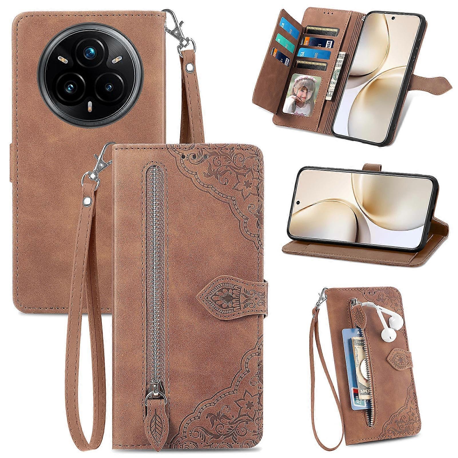 Kompatybilny z etui z portfelem na zamek błyskawiczny Realme 14 Pro+ 5G z paskiem Nadruk kwiatowy Pokrowiec na telefon ze skóry PU Brown