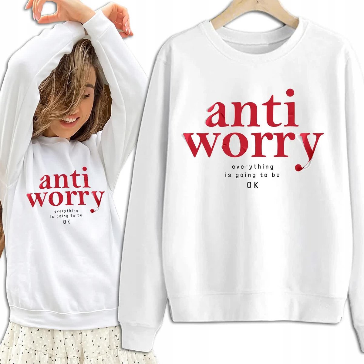 Bluza Damska Biała Dresowa EVERYTHING IS OK Kobiece Dziewczęce Wzory - S