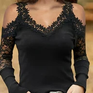 Bluzki damskie - TEMU Kontrastowa koronkowa koszulka z odkrytymi ramionami, swobodna koszulka z długim rękawem na wiosnę i jesień, odzież damska - miniaturka - grafika 1