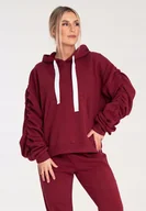 Bluzy damskie - Bluza damska z bufiastymi rekawami i kapturem - bordowa M1055 rozmiar L - miniaturka - grafika 1