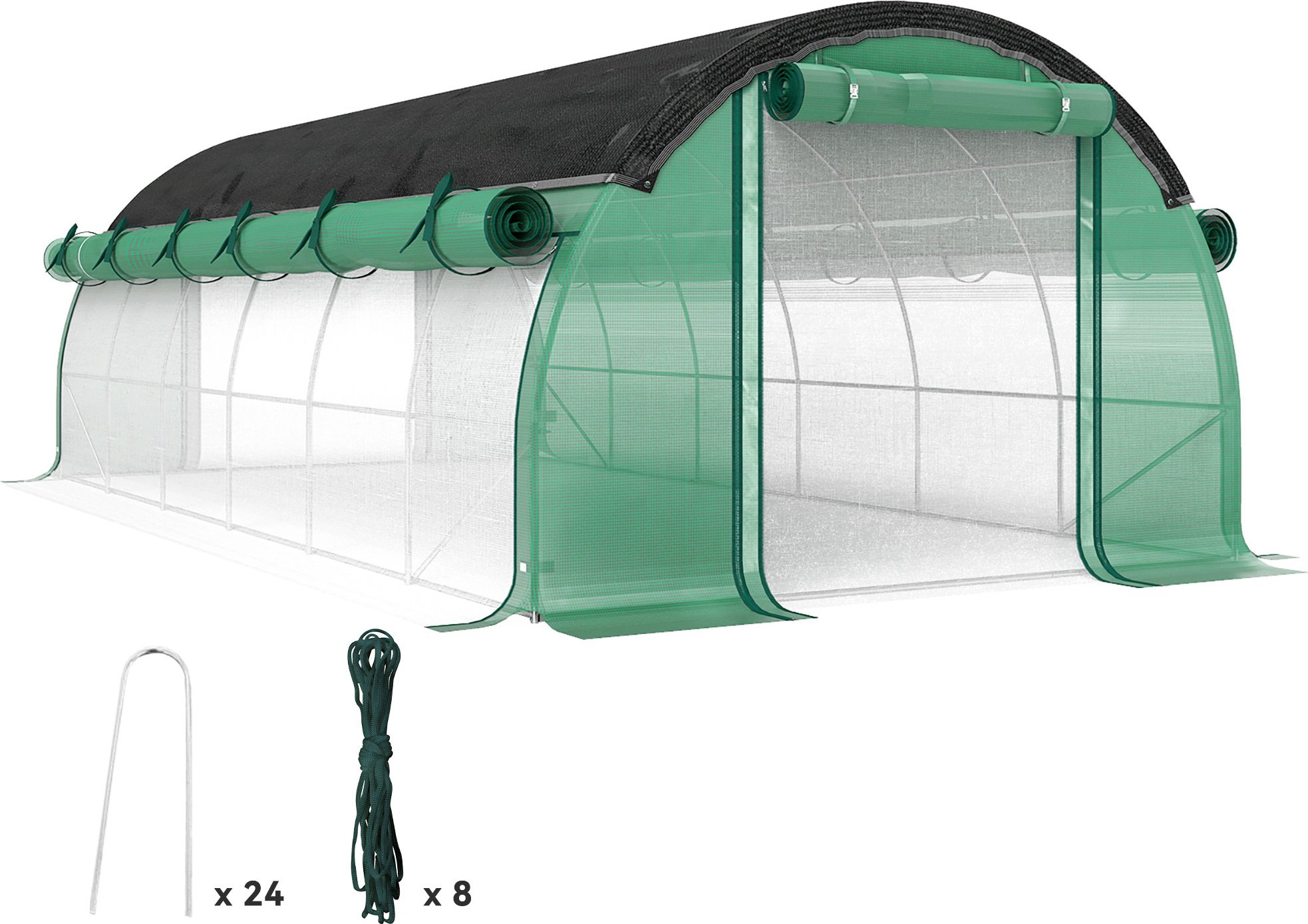Szklarnia foliowa Outsunny 6 x 3 x 2 m z 12 oknami, drzwiami rolowanymi, zwijanymi ścianami bocznymi, tunelem foliowym odpornym na promieniowanie UV, odpornym na zimę domkiem na pomidory z kotwą gruntową, zielona
