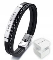 Bransolety męskie - Bransoletka Męska Skórzana Czarna Stal Z Grawerem - miniaturka - grafika 1