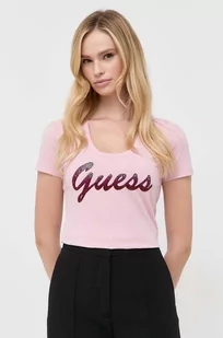Guess t-shirt damski kolor różowy - Koszulki sportowe damskie - miniaturka - grafika 1