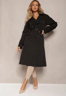 Płaszcze damskie - Czarny Płaszcz Trencz Dwurzędowy Taliowany Paskiem z Patkami na Rękawach Diore - grafika 1