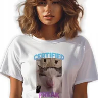 Zestawy upominkowe - BIAŁA KOSZULKA DAMSKA Krótki Rękaw KOT CERTIFIED FREAK Zabawne Wzory Roz S - miniaturka - grafika 1