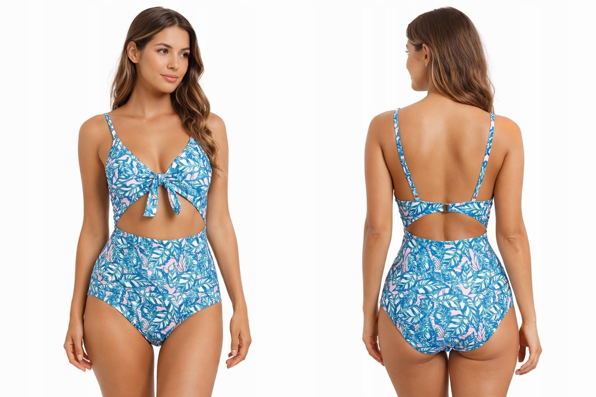 STRÓJ KĄPIELOWY DAMSKI JEDNOCZĘŚCIOWY WYCIĘCIA WIĄZANIE NIEBIESKI PRINT