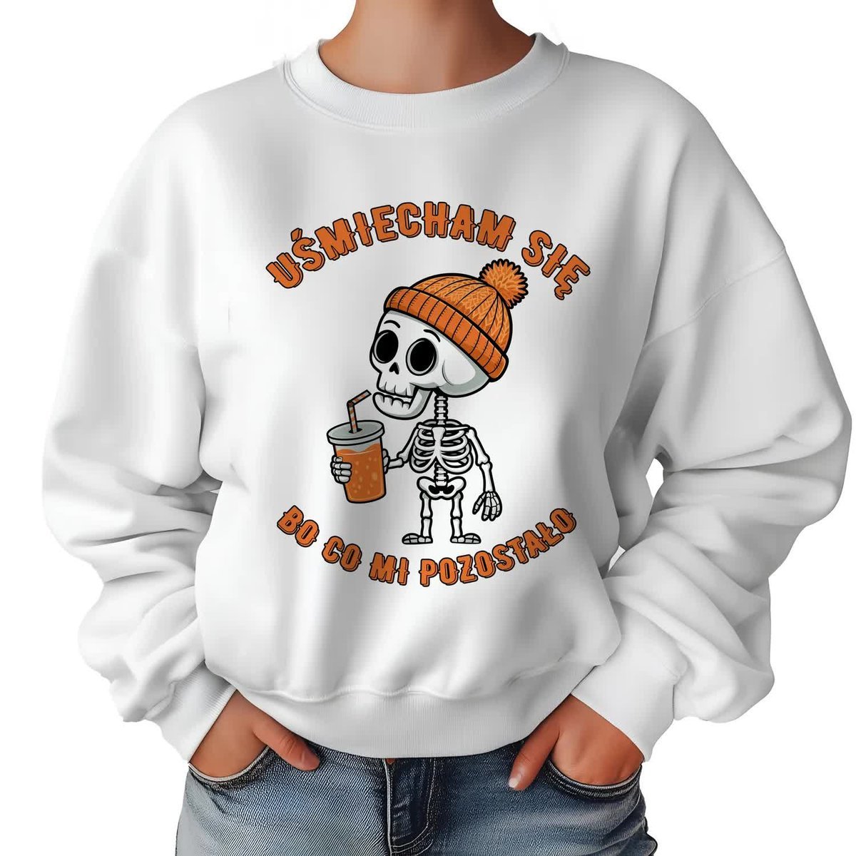 Biała Bluza Damska Dresowa CO MI POZOSTAŁO Zabawne Kolorowe Wzory Rozmiar M