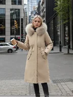 Kurtki damskie - Zimowa kurtka damska z futerkiem - Beżowy M - miniaturka - grafika 1