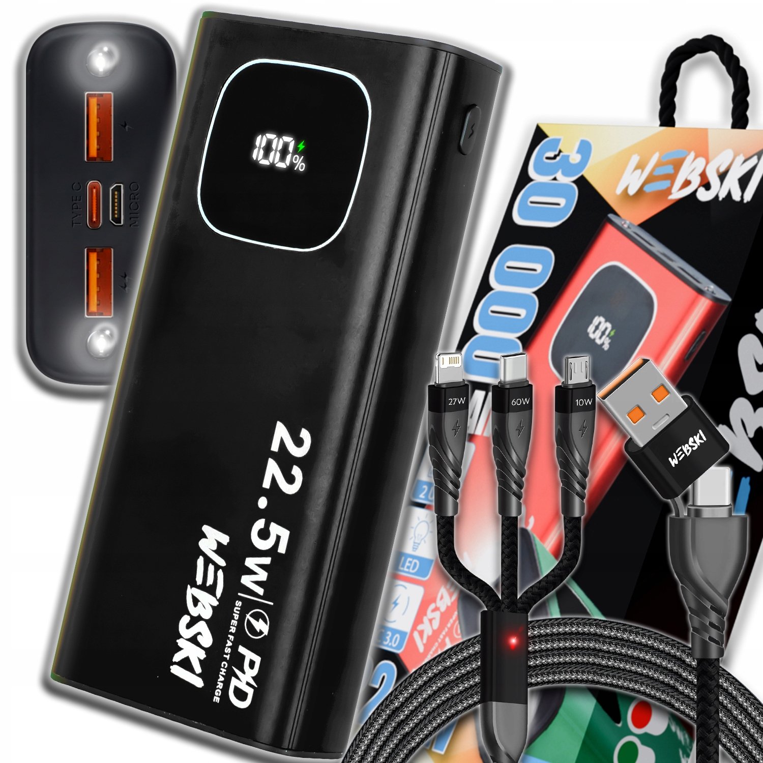 Ogromny Powerbank 30000MAH 22.5W Pd 3X Usb Usb-c Latarka Czarny Kabel 6W1
