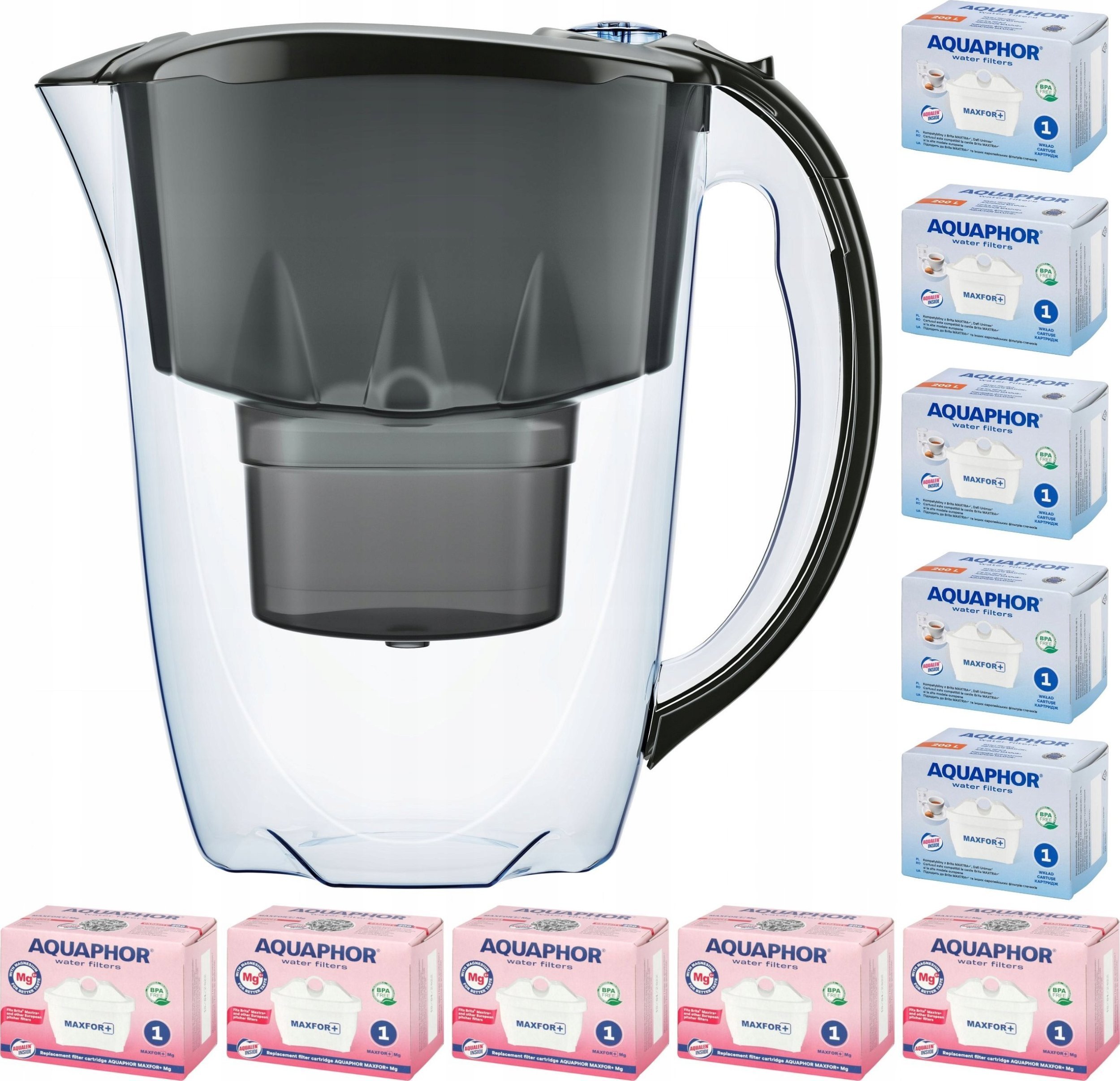 Dzbanek filtrujący Aquaphor Amethyst 2,8 l + 10 wkładów 5 + 5Mg, czarny