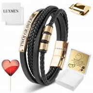 Bransolety męskie - Bransoletka Męska Czarna Skórzana Pozłacana Z GRAWEREM Idealna na Prezent - miniaturka - grafika 1