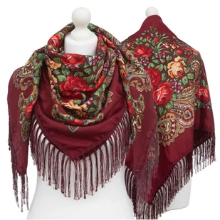 Duża Damska Chusta Folkowa Apaszka Ludowa Góralska Frędzle Etno Kwiaty - Chu-9028-Bor - Apaszki i szaliki damskie - miniaturka - grafika 1