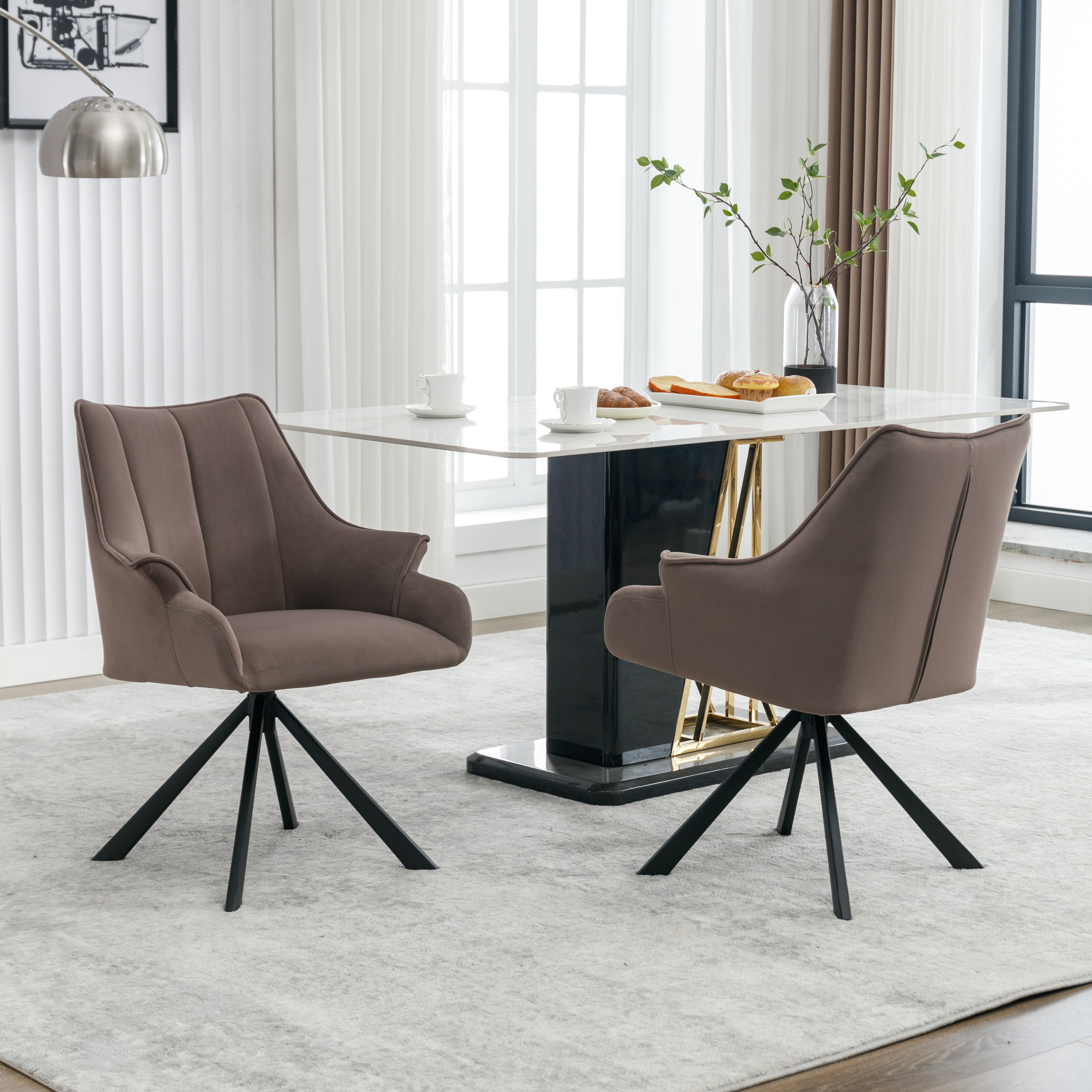 Krzesło do jadalni Flieks zestaw 4 krzeseł obrotowych z metalowymi nogami, tapicerowane krzesło obrotowe 360°, krzesło do salonu, krzesło kuchenne, aksamitne pokrycie, kawowy brąz
