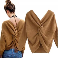 Swetry damskie - CIEPŁE PONCZO GRUBY SWETER DAMSKI BOLERKO ASYMETRYCZNA NARZUTKA PONCHO BEŻ - miniaturka - grafika 1