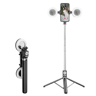 R17ds 1.75m Przenośny Bluetooth Selfie Stick Chowany statyw Stojak na telefon z podwójnymi światłami wypełniającymi 360 Czarny - Selfie stick - miniaturka - grafika 1