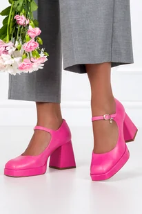 Fuksjowe czółenka skórzane damskie na klocku z paskiem ozdoba PRODUKT POLSKI Casu 2661-197 - Czółenka - miniaturka - grafika 1